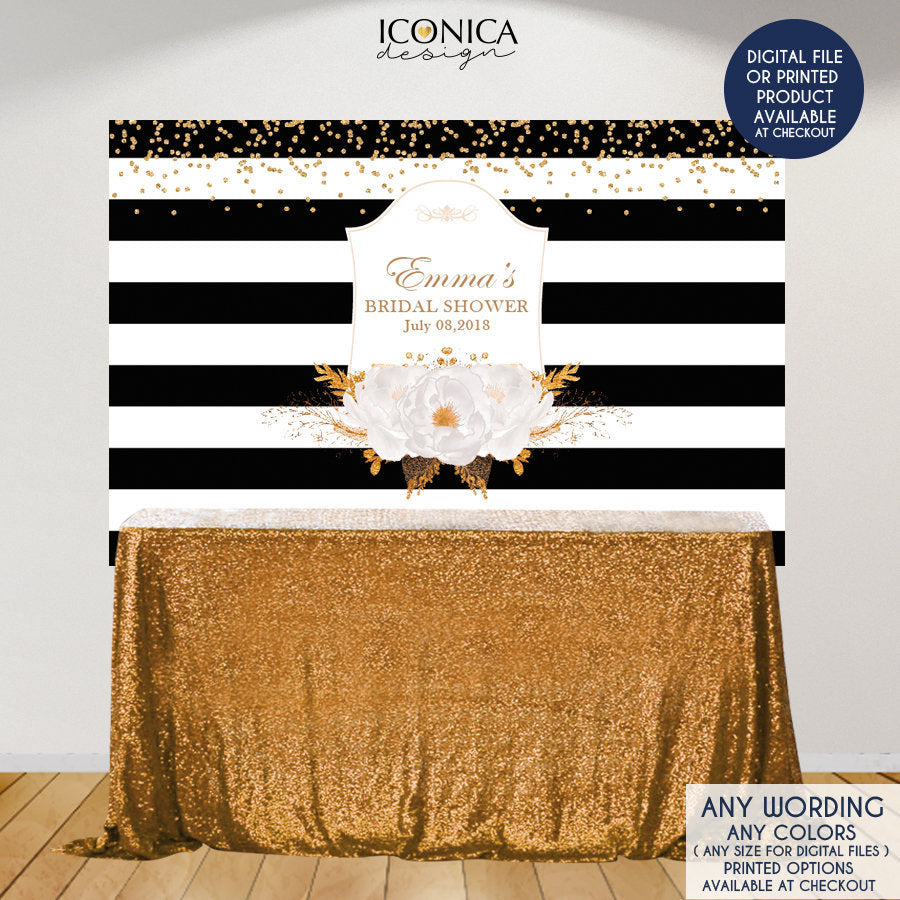 Bridal Shower Backdrop, Elegant Black and White Stripes Banner, Floral Black and White backdrop, Printed