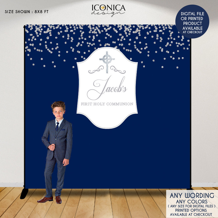 First Communion Photo Booth Backdrop, Blue Silver Communion Backdrop,Blue Step And Repeat Backdrop,Printed ,Free Shipping