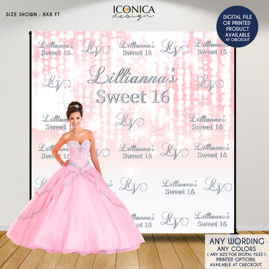 Sweet Sixteen Photo Booth Backdrop, Princess Backdrop, Pink Bokeh Custom Step and Repeat banner,any age-wording, Printed BSS0002