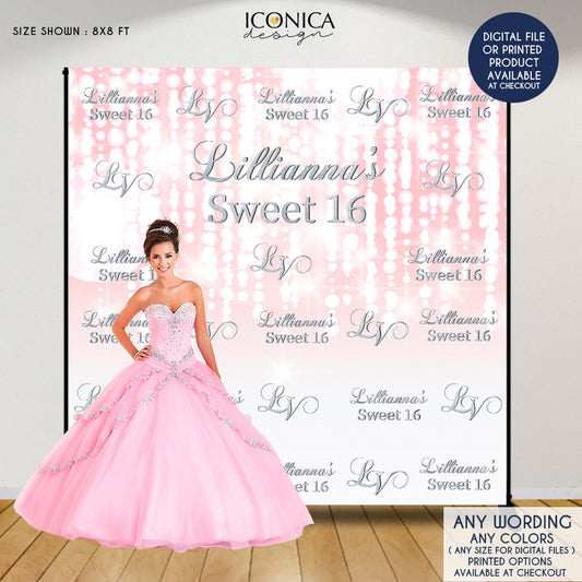 Sweet Sixteen Photo Booth Backdrop, Princess Backdrop, Pink Bokeh Custom Step and Repeat banner,any age-wording, Printed BSS0002