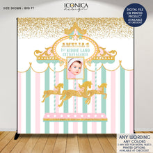Load image into Gallery viewer, Carousel First Birthday Backdrop,Girls Circus Party Decor,Pink Carnival Backdrop, Pastel Colors, Printed BBD0117
