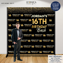 Load image into Gallery viewer, Birthday Photo Booth Backdrop, 18th Birthday Party Decor, Black and Gold vinyl backdrop, any age or color, Printed or Printable File BBD0116
