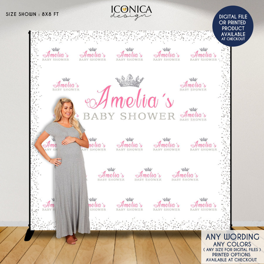 Virtual Baby Shower Royal Princess Baby Shower Backdrop, Pink and Silver Baby Shower, Royal party Backdrop, Printed or Printable