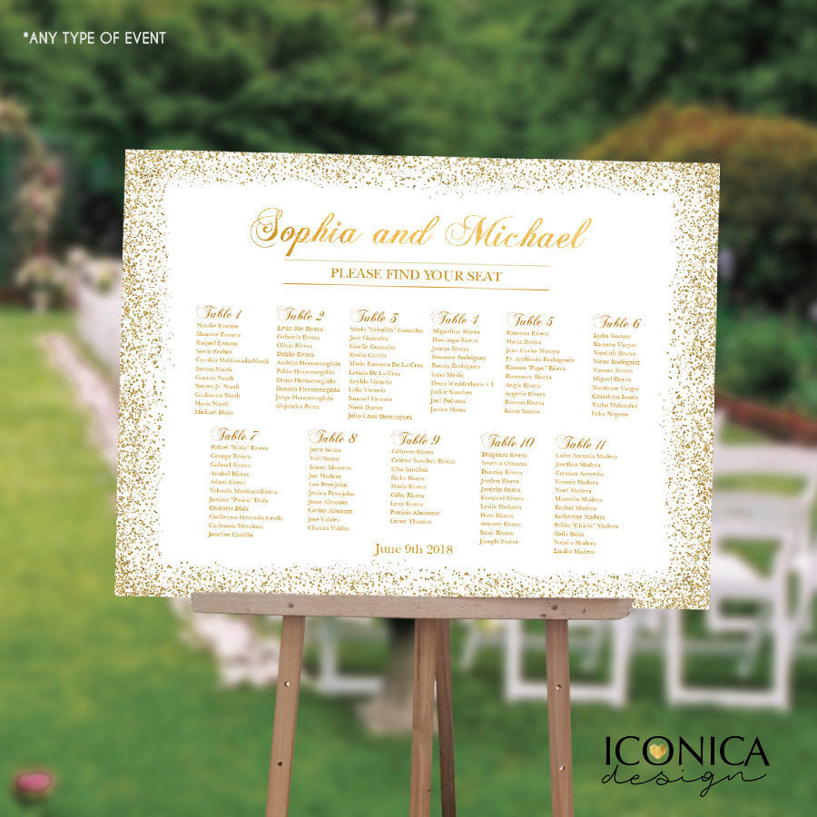 WEDDING Seating Chart Board, Gold Seating Chart, Gold Guest List Chart , Any Color, Gold Confeti, Printed SCW0013