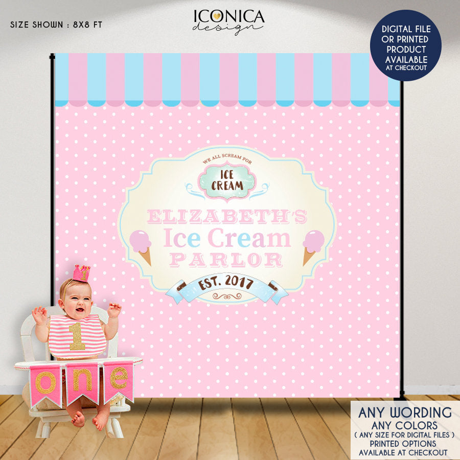 Ice Cream Parlor Backdrop, First Birthday, Banner, Ice Cream Party Backdrop, Ice Cream, Gelato, Printed BBD0133
