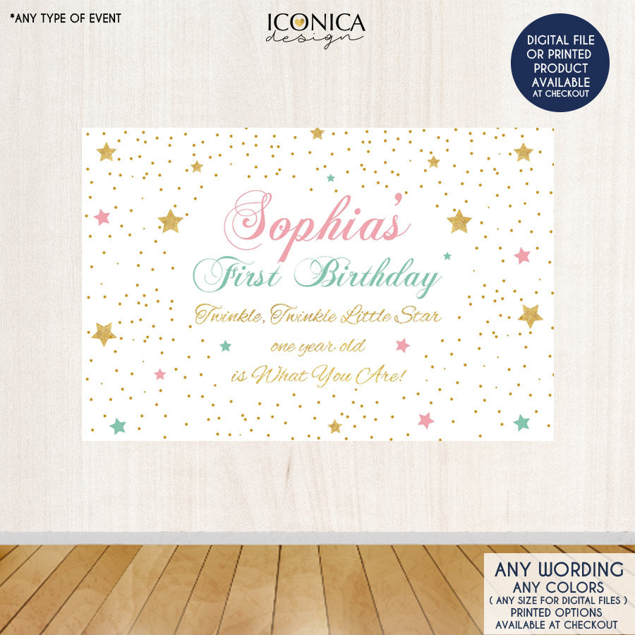 Twinkle Twinkle Backdrop - Birthday Backdrop - Pink and Blue - Gold Confetti - Free Shipping - Printed Or Printable File