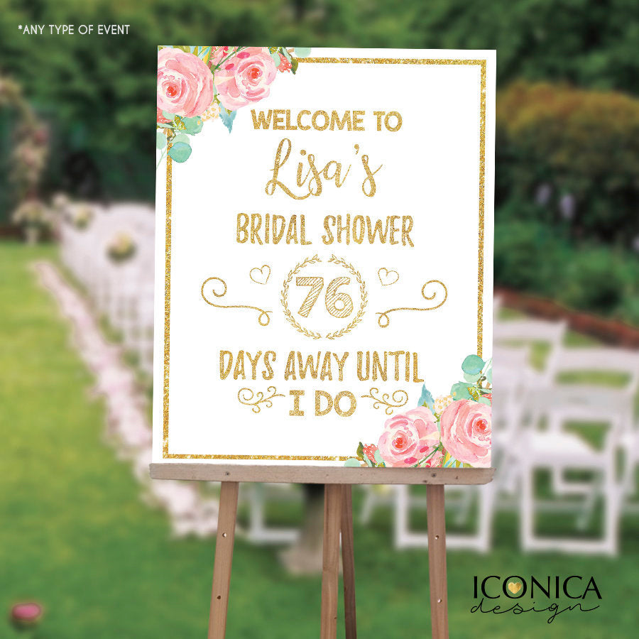 Floral Bridal Shower Welcome Sign, Gold and Pink Flowers Decor , Wedding Poster, Wedding Sign, Printed SWBR004