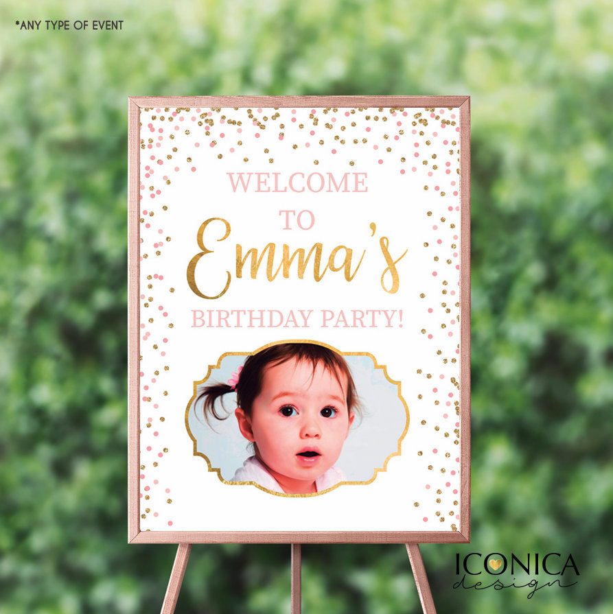 First Birthday Welcome Sign, Pink and Gold 1st Birthday Sign,Girls First Birthday Welcome Sign,Personalized, Printed Or Digital File SWBD007