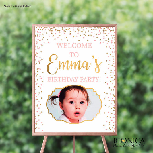 First Birthday Welcome Sign, Pink and Gold 1st Birthday Sign,Girls First Birthday Welcome Sign,Personalized, Printed Or Digital File SWBD007