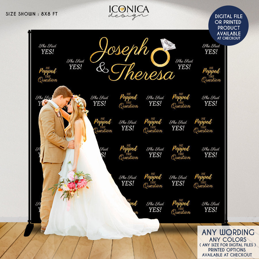 Engagement Party Photo Booth Backdrop, She said YES, Black and Gold Backdrop, Wedding Backdrop, Printed BEN0004