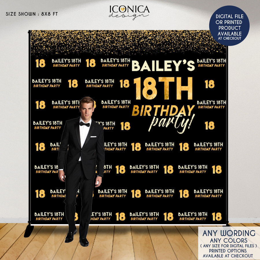 Birthday Photo Booth Backdrop, 18th Birthday Party Decor, Black and Gold vinyl backdrop, any age or color, Printed or Printable File BBD0116