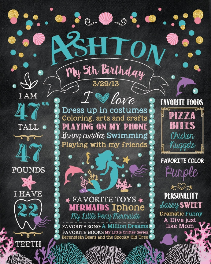 Mermaid Chalkboard Sign First Birthday Or Any Age, Under The Sea Party Chalkboard Poster, 1st Birthday, Digital Or Printed Sign CBD0044