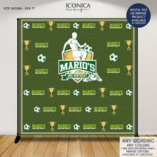 Load image into Gallery viewer, Soccer Photo Booth Backdrop, Faux Grass Custom Step and Repeat Backdrop, Soccer Birthday Bash banner, Sports Party - Printed or Digital File
