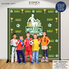 Load image into Gallery viewer, Soccer Photo Booth Backdrop, Faux Grass Custom Step and Repeat Backdrop, Soccer Birthday Bash banner, Sports Party - Printed or Digital File
