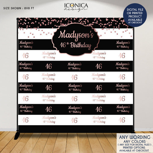 Sweet Sixteen Party Backdrop,Sweet 16 Photo Booth Backdrop any age,Faux Rose Gold Step and Repeat Backdrop, Printed BSS0003