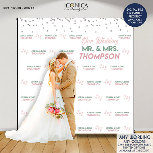 Wedding backdrop, Dusty Rose and Green backdrop, Personalized Wedding backdrop, Custom Step and Repeat, photo digital backdrop