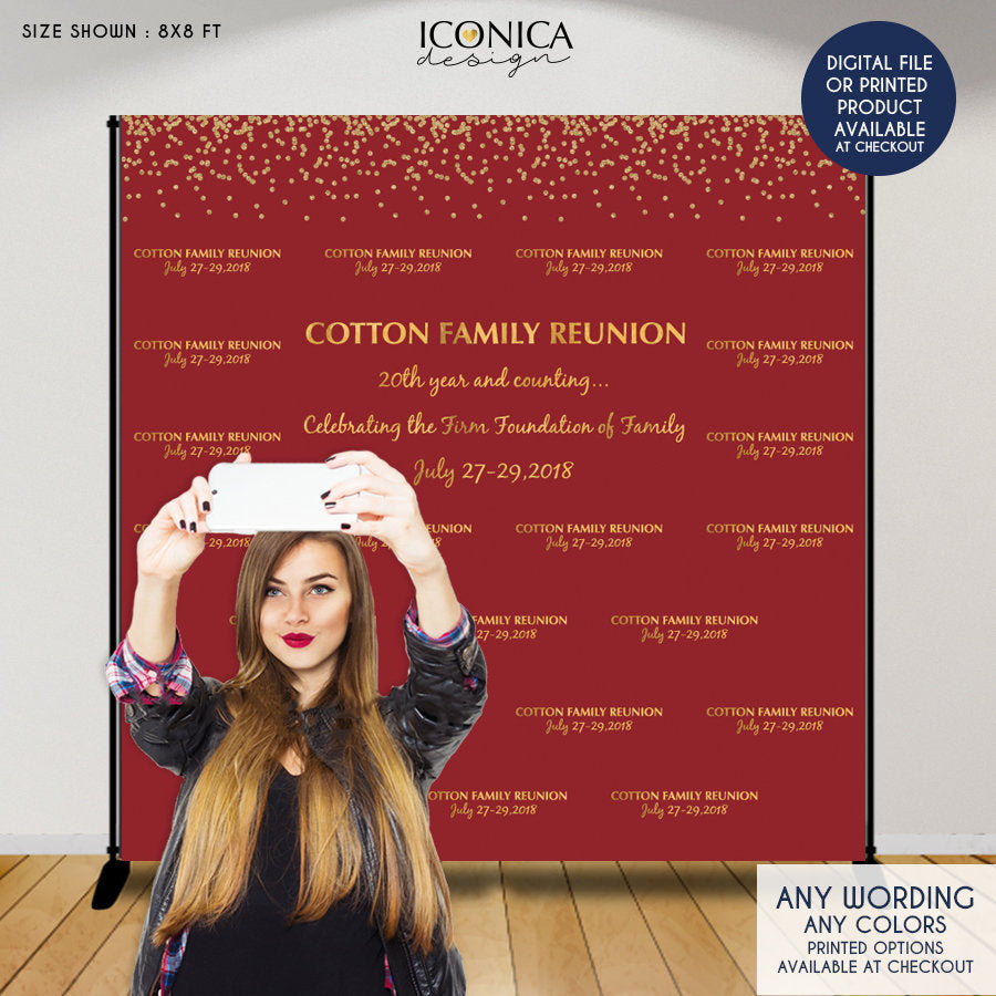 Family Reunion Photo Backdrop, Step and Repeat Backdrop, Burgundy and Gold or any color and wording, Printed BFR0002
