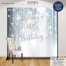 Load image into Gallery viewer, Birthday Backdrop,40th,50th,any age,Birthday Custom Step And Repeat, Milestone Birthday Backdrop, Personalized Silver Bokeh Backdrop, Printed BWD0001
