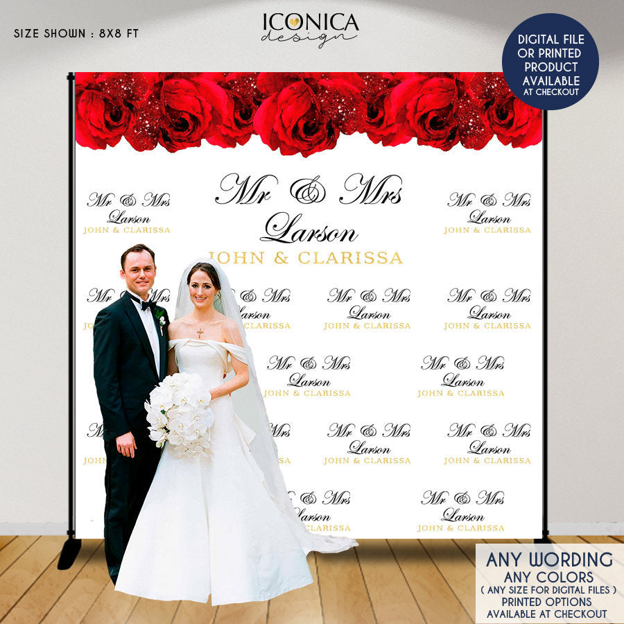 Wedding Backdrop, Red roses, Elegant Black and Gold Banner, Floral Wedding Decor, Floral photo backdrop, Printed BBS0050