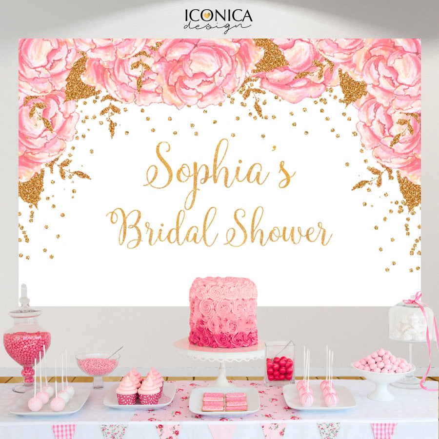 First Birthday Backdrop, Pink Flowers and Gold Faux Glitter Decor, any wording, Printed BBR0030