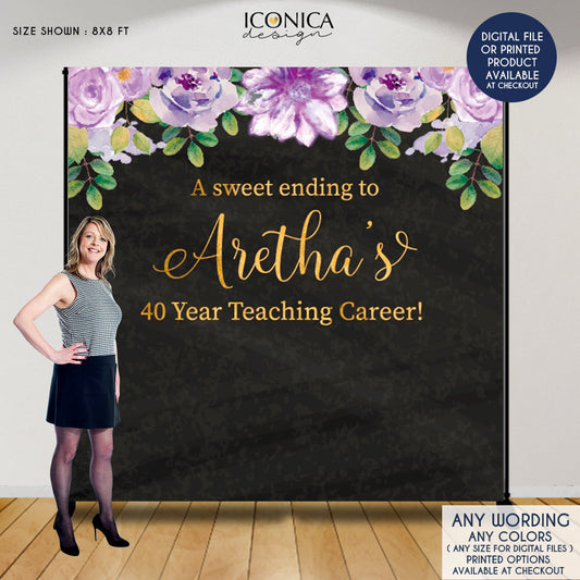 Retirement Party Photo Booth Backdrop, Virtual Purple Floral Step and Repeat Backdrop, A sweet ending, Banner Printed Or Printable File