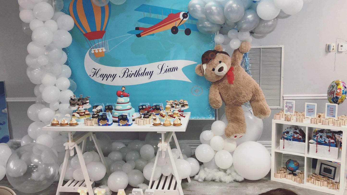 Airplane First Birthday Party, Airplane Birthday Backdrop, Hot Air Balloon Backdrop, Up up and away, Boy meets the world
