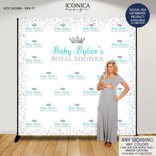 Load image into Gallery viewer, Virtual Baby Shower Baby Shower Backdrop Little Prince, Blue and Silver Baby Shower, Royal party Backdrop, Printed or Printable
