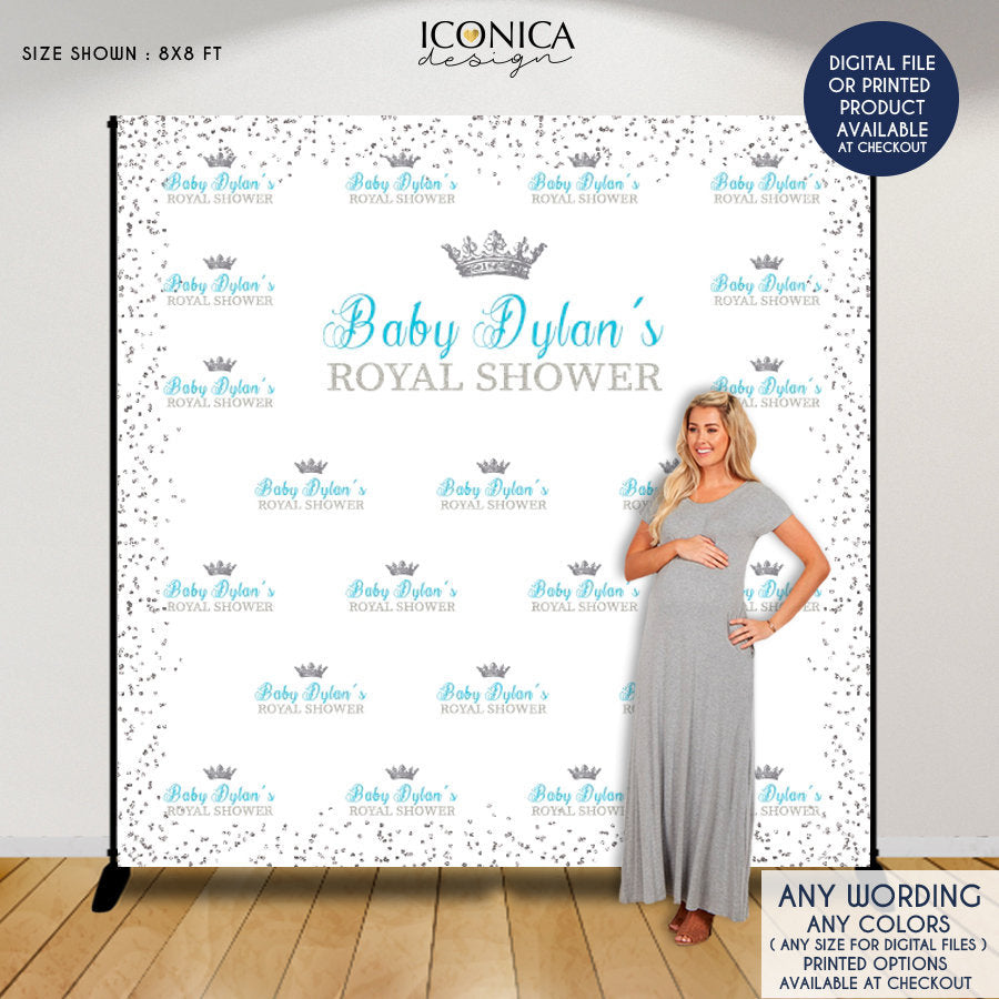 Virtual Baby Shower Baby Shower Backdrop Little Prince, Blue and Silver Baby Shower, Royal party Backdrop, Printed or Printable
