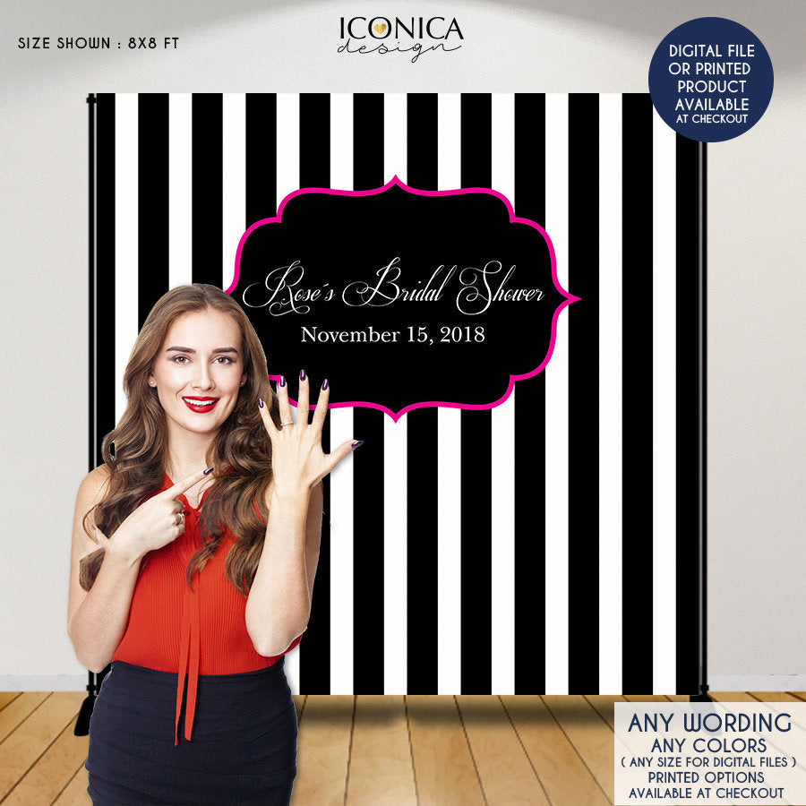 Bridal Shower Party Backdrop, Black and White Stripes Banner - Elegant black and white backdrop, Any Color, Printed BBR0013
