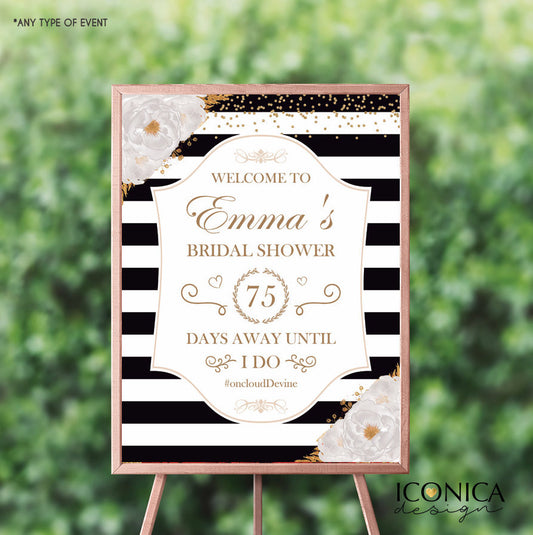 Bridal Shower Welcome Sign, Black and White Stripes Decor , Wedding Poster, White Flowers and Gold Decor, Printed Or Printable File SWBR007