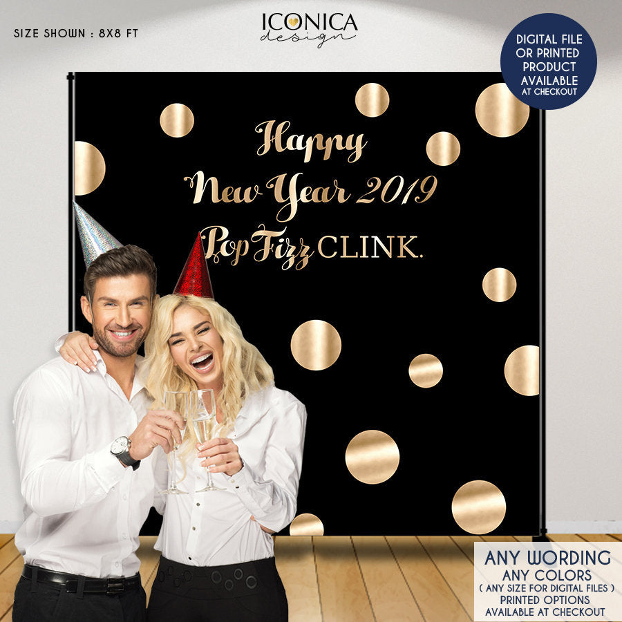 Pop Fizz Clink Photo Booth Backdrop, Black and Faux Gold backdrop, New Year Eve party, any type of event, Printed or Printable File