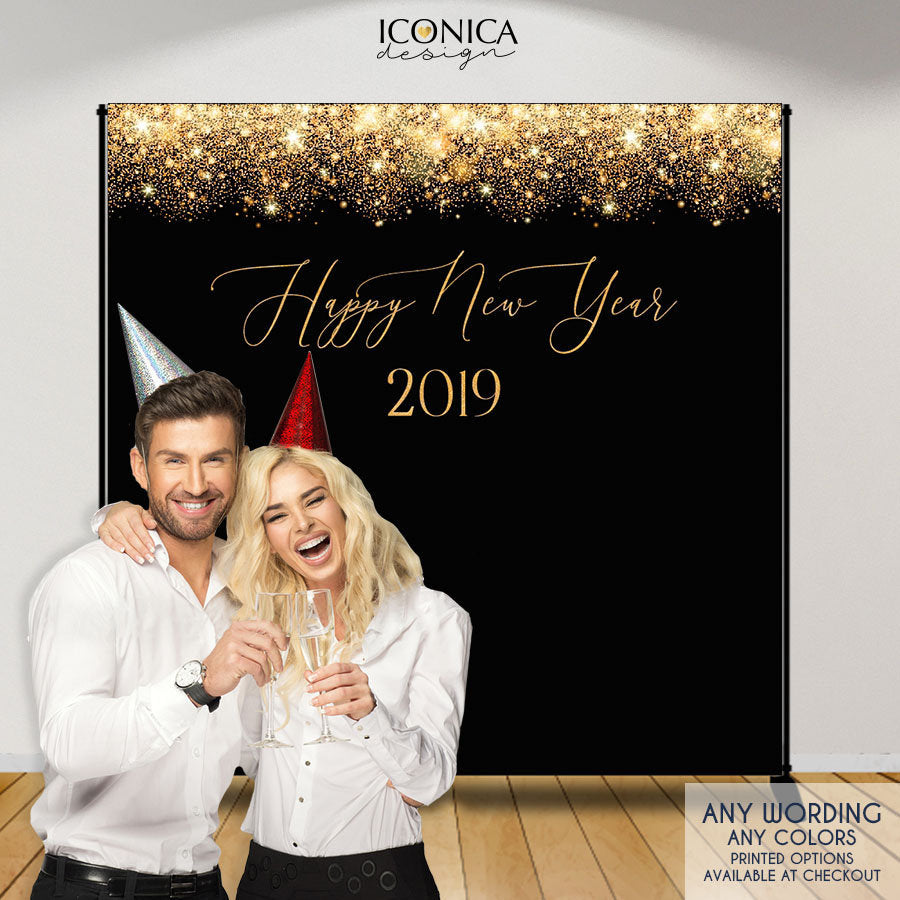 NYE PARTY New Year's Eve party Photo Booth Backdrop, Black and Faux Gold backdrop, any type of event, Printed or Printable File
