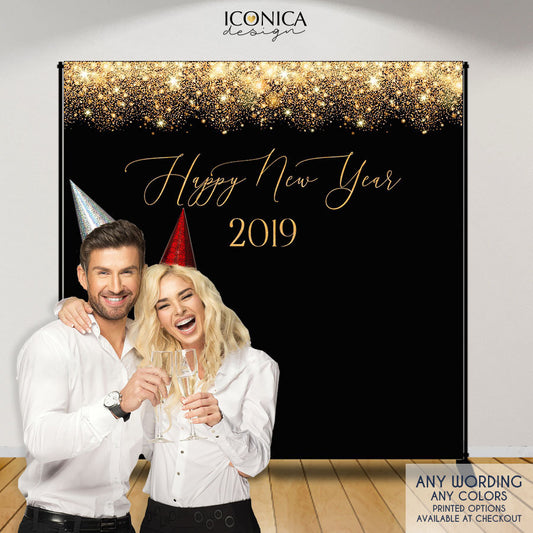 NYE PARTY New Year's Eve party Photo Booth Backdrop, Black and Faux Gold backdrop, any type of event, Printed or Printable File