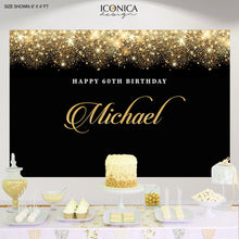 Load image into Gallery viewer, Elegant 60th Birthday Backdrop personalized, Milestone Birthday Backdrop, Corporate Party Backdrop,Black and Gold Party Decor BHO0004
