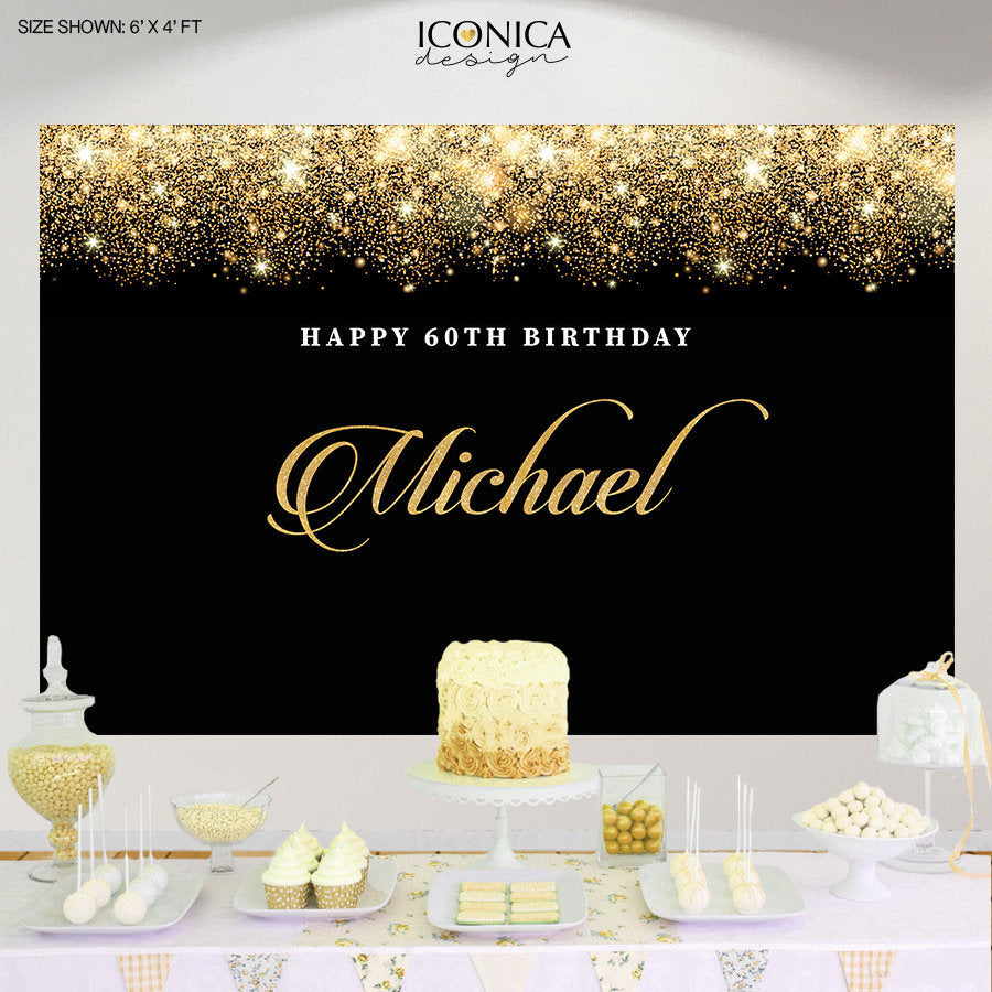 Elegant 60th Birthday Backdrop personalized, Milestone Birthday Backdrop, Corporate Party Backdrop,Black and Gold Party Decor BHO0004