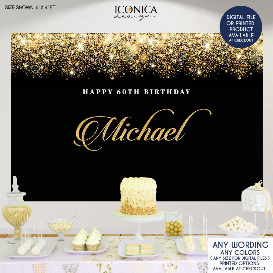 Elegant 60th Birthday Backdrop personalized, Milestone Birthday Backdrop, Corporate Party Backdrop,Black and Gold Party Decor BHO0004
