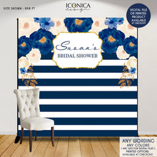 Load image into Gallery viewer, Bridal Shower backdrop, Navy and Gold Wedding Backdrop, Bridal Shower Decor, Personalized photo backdrop, navy bridal shower BBR0033
