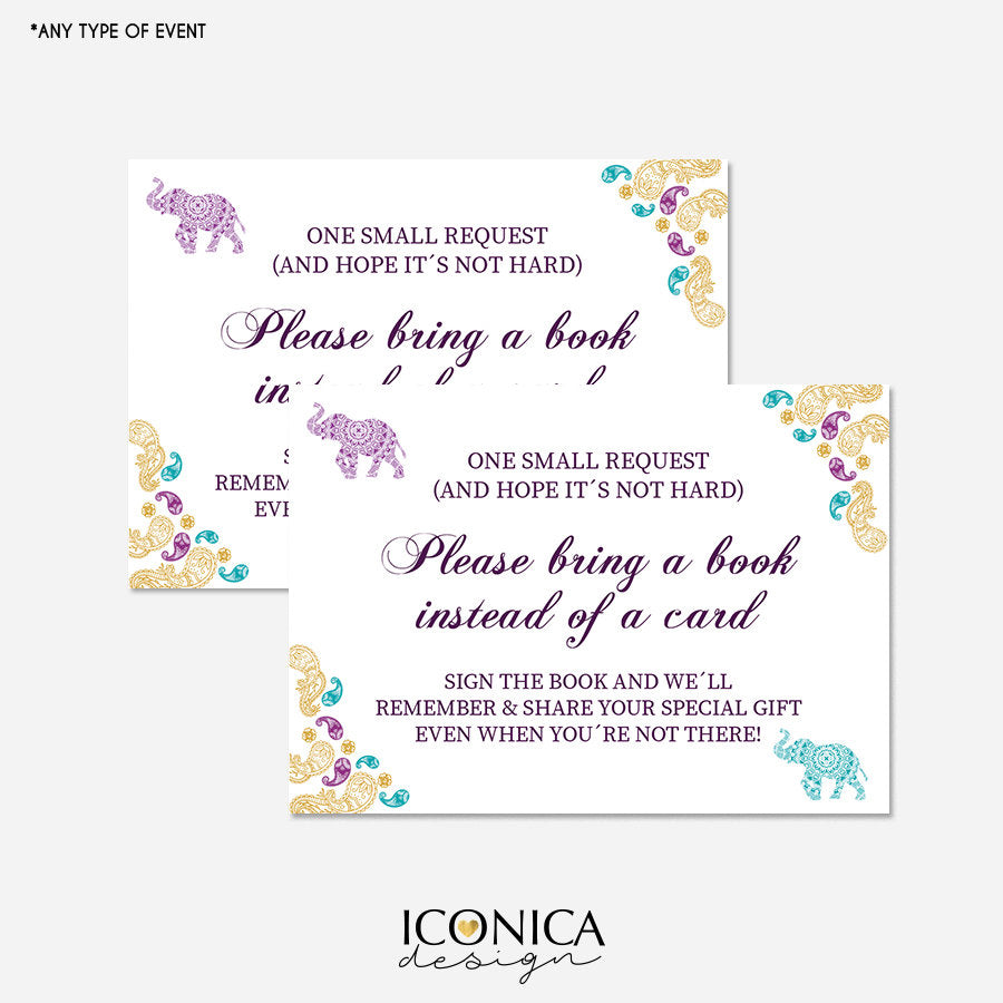 Moroccan Book Request Cards 3.5x2.5" Stock The Library Cards,Purple gold teal,Arabian Nights Baby Shower,File or Printed Cards