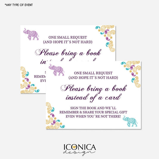 Moroccan Book Request Cards 3.5x2.5" Stock The Library Cards,Purple gold teal,Arabian Nights Baby Shower,File or Printed Cards