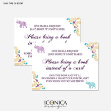 Load image into Gallery viewer, Moroccan Book Request Cards 3.5x2.5&quot; Stock The Library Cards,Purple gold teal,Arabian Nights Baby Shower,File or Printed Cards
