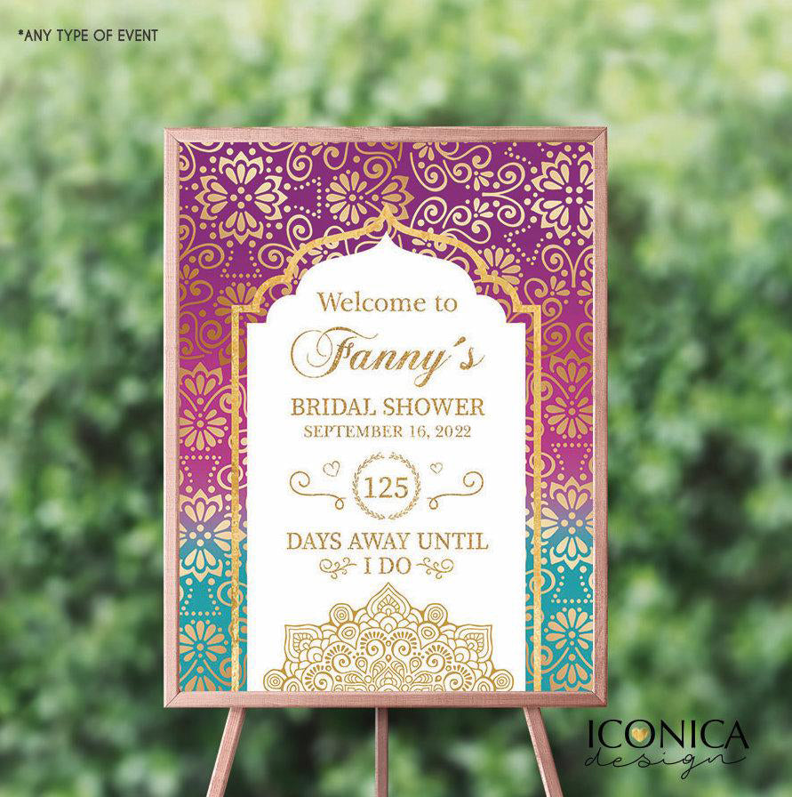 Moroccan Welcome Sign, Arabian Night Decor, any type of event,Personalized Decor, Printed, Purple and Teal Gold