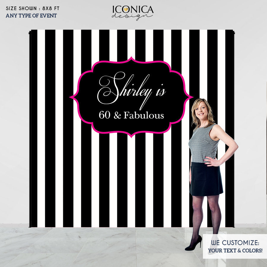 Birthday Backdrop, 60th Birthday Custom Step And Repeat Backdrops,Milestone Birthday Backdrop, Personalized Black and White Stripes Printed BBR0013
