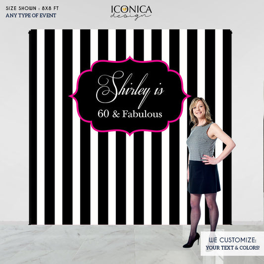 Birthday Backdrop, 60th Birthday Custom Step And Repeat Backdrops,Milestone Birthday Backdrop, Personalized Black and White Stripes Printed BBR0013