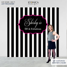 Load image into Gallery viewer, Birthday Backdrop, 60th Birthday Custom Step And Repeat Backdrops,Milestone Birthday Backdrop, Personalized Black and White Stripes Printed BBR0013
