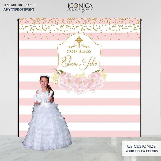 First Communion Party Backdrop, First Communion Banner, Floral Banner, Pink Peonies, Religious Backdrop, Printed Bfc0002