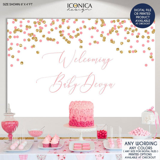 Pink and Gold Welcome Baby Decor, Welcome Baby Backdrop, Gold and Pink Banner, Pink and Gold Baby Shower, Virtual Baby Shower
