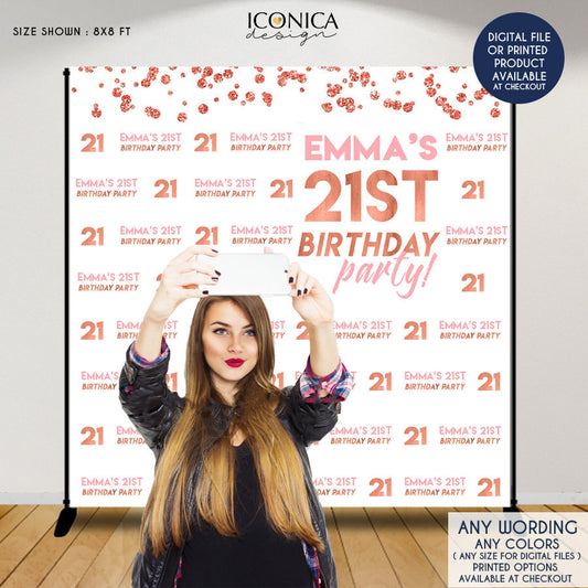 Birthday Photo Booth Backdrop, 21st Birthday Party Decor, Pink and Rose Gold backdrop, any age or color, Printed BBD0144