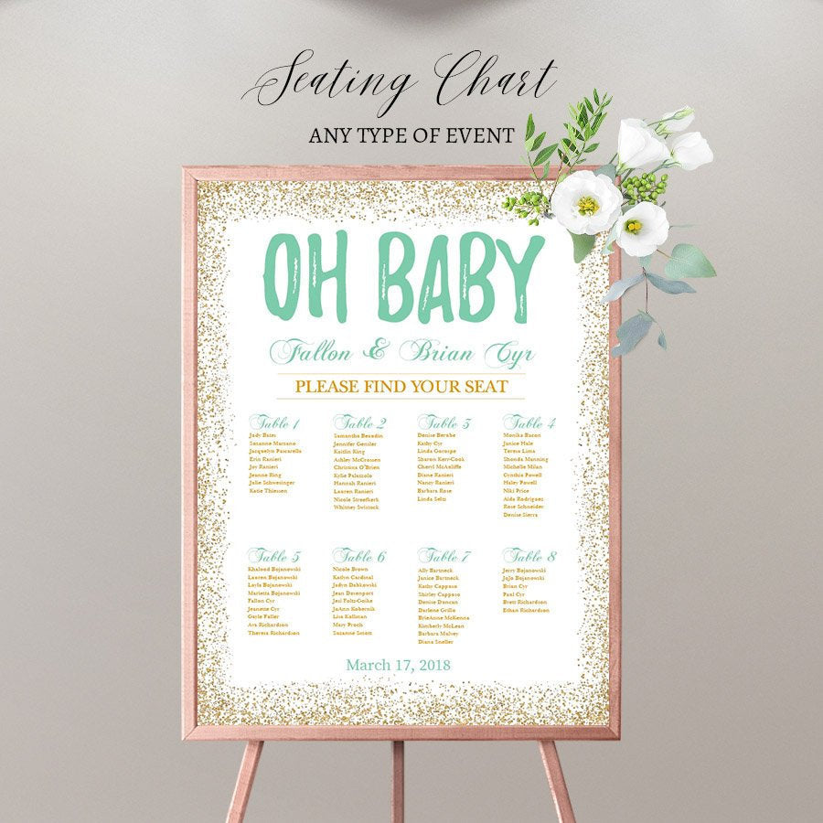 BABY SHOWER Seating Chart Board, Oh baby Gold and Mint Seating Chart, Guest List Chart , Any Color, Template Or Printed SCW0027