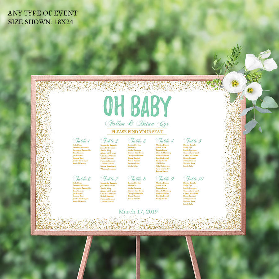 BABY SHOWER Seating Chart Board, Oh baby Gold and Mint Seating Chart, Guest List Chart , Any Color, Template Or Printed SCW0027