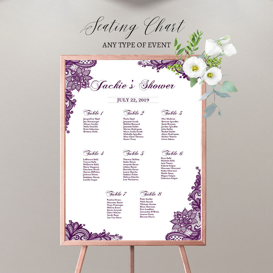 Baby Shower Seating Chart Board, Purple LACE Baby Shower - Printed Seating Chart Guest List Chart Seating Chart Template any color SCW0014